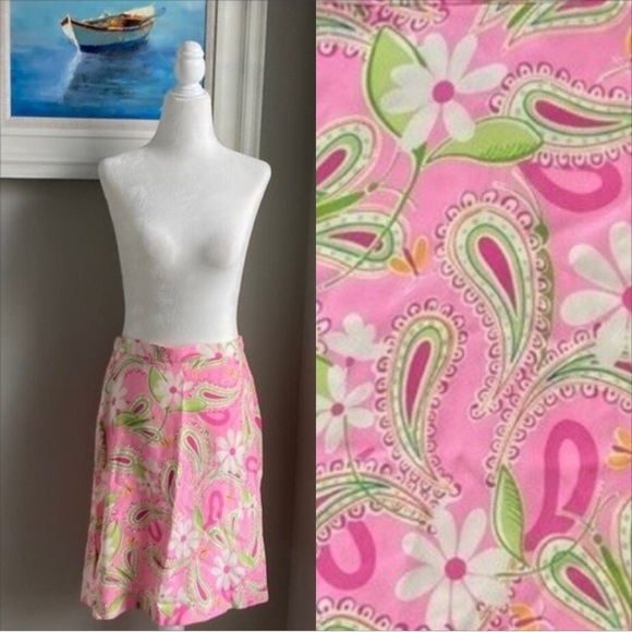 Vintage 80s 90s Lilly Pulitzer Midi Pink Summer Silk Floral Paisley Skirt Size 2 - Picture 1 of 16